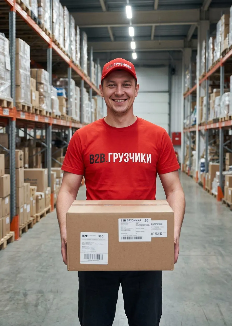 Грузчики — бригада в фирменной футболке на складе